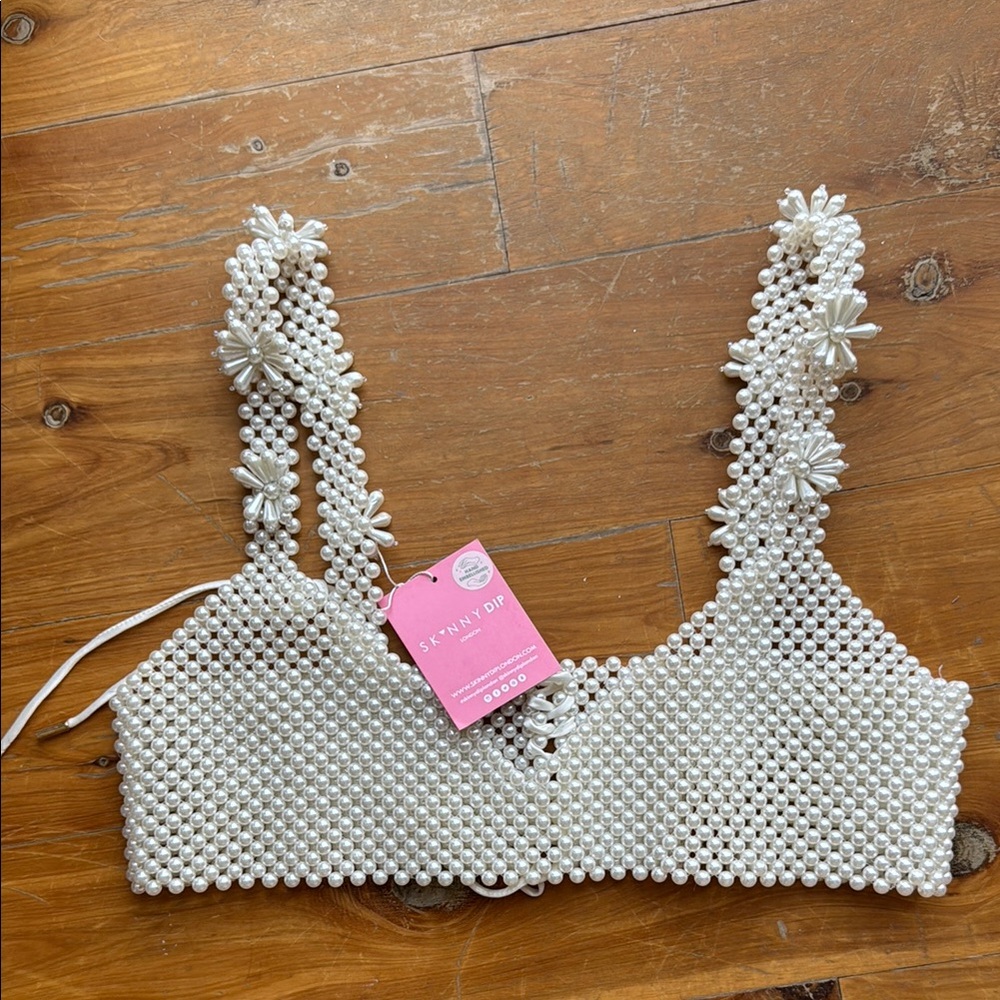 White Textured Beaded Crop Top